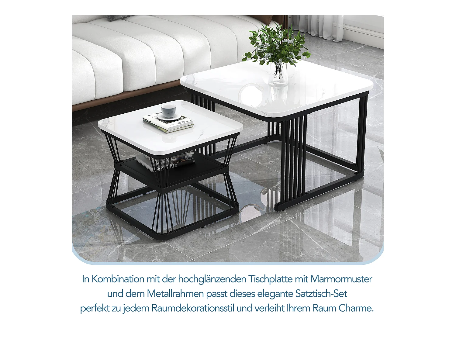 2er-Set moderne Beistelltische, MDF in Marmoroptik, Stahlrohr weiß hochglänzend schwarz