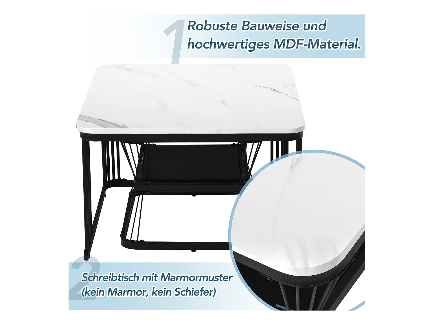 2er-Set moderne Beistelltische, MDF in Marmoroptik, Stahlrohr weiß hochglänzend schwarz