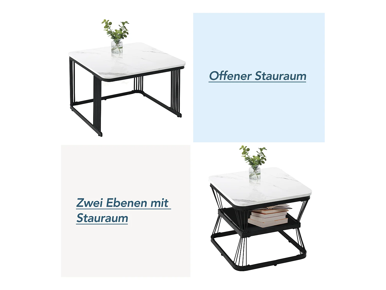 2er-Set moderne Beistelltische, MDF in Marmoroptik, Stahlrohr weiß hochglänzend schwarz