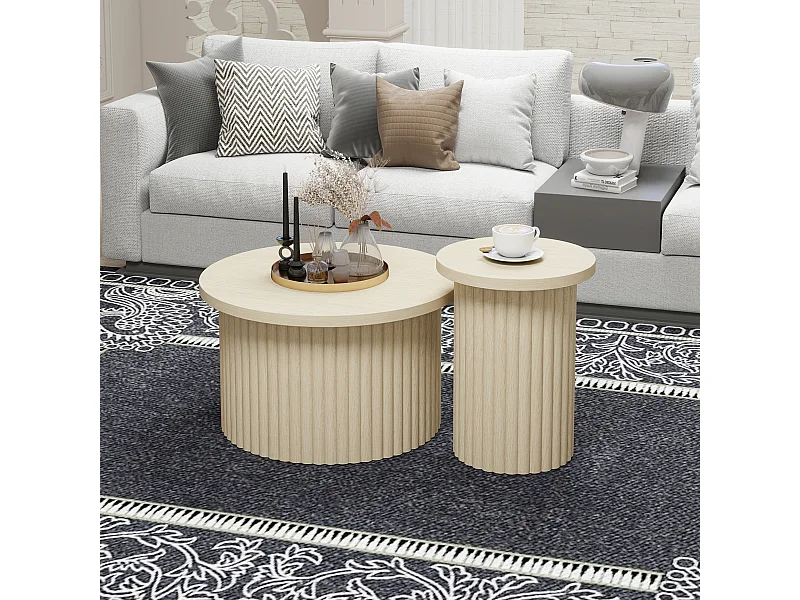 Mesa auxiliar redonda, aspecto de madera natural con estructura ondulada