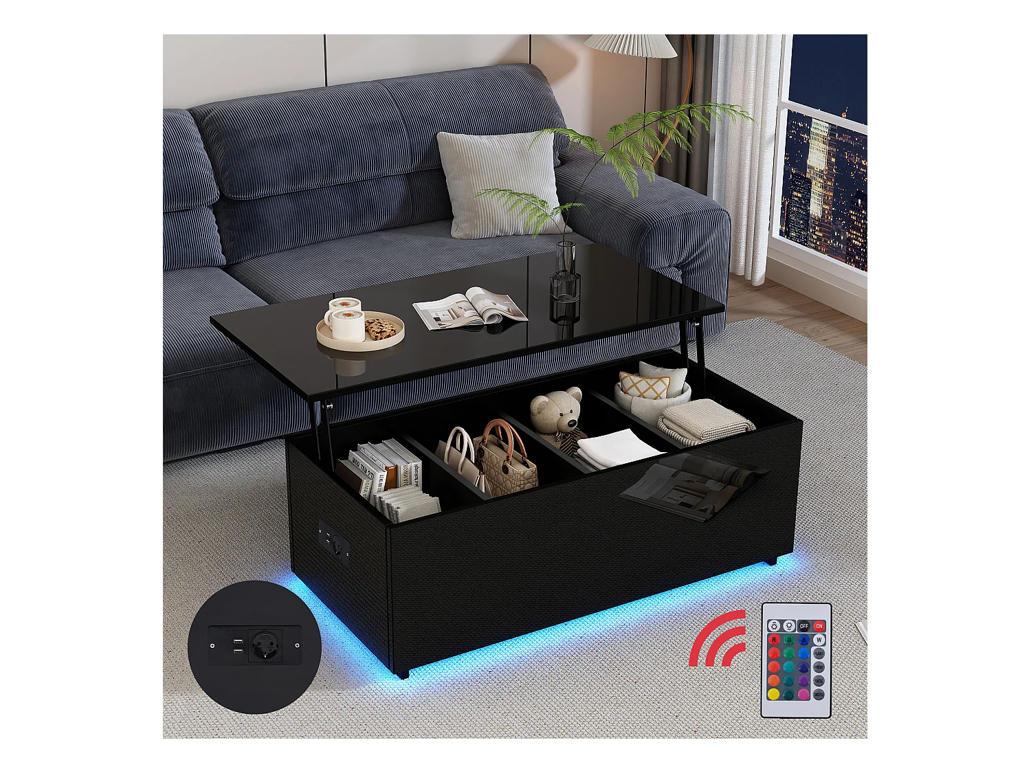 Moderne zwarte hoogglans salontafel met ledverlichting en verborgen opbergruimte