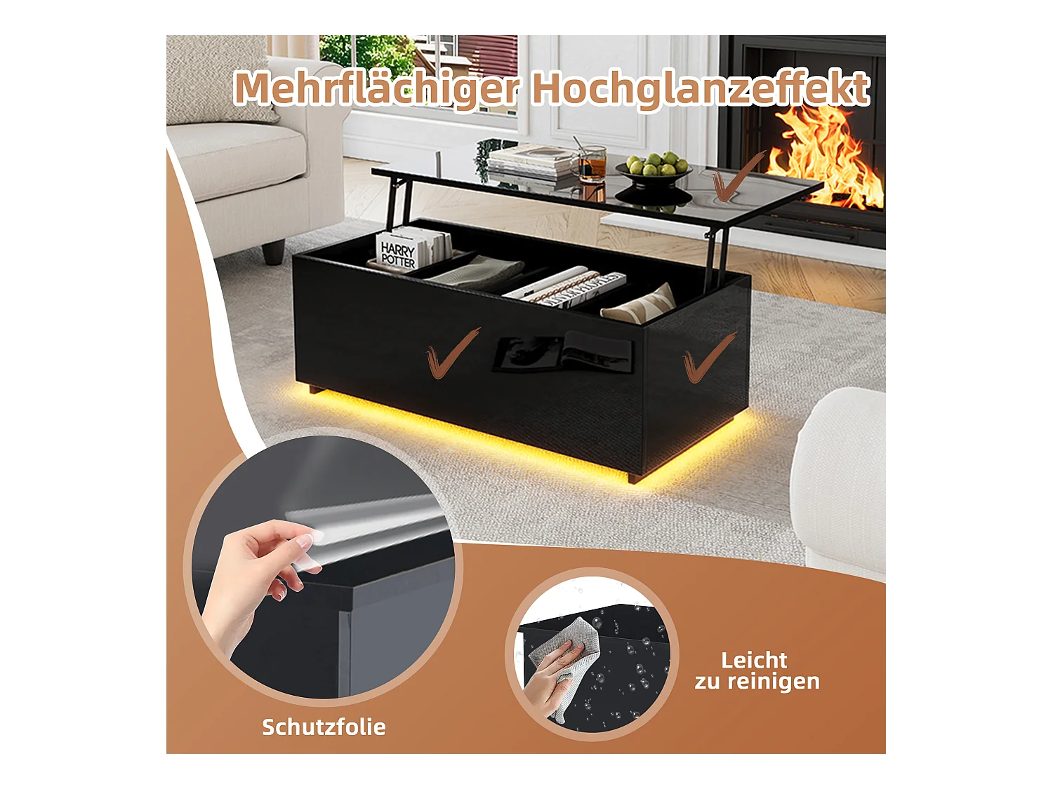 Moderne zwarte hoogglans salontafel met ledverlichting en verborgen opbergruimte