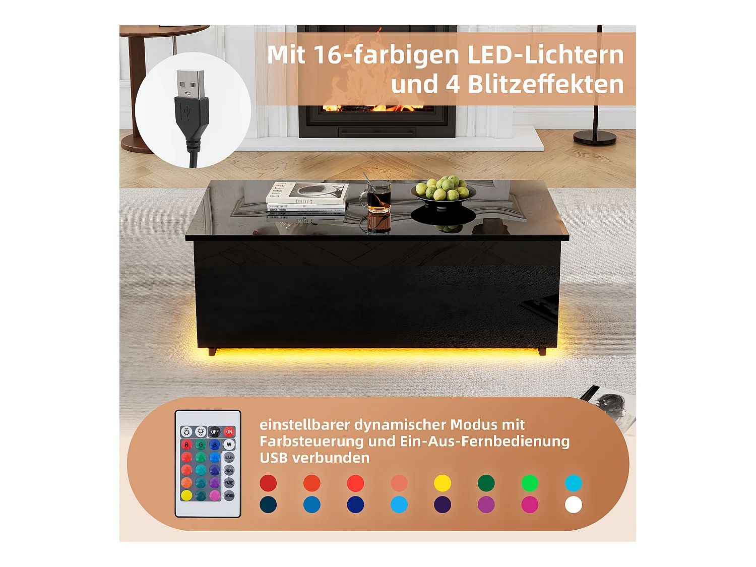 Moderne zwarte hoogglans salontafel met ledverlichting en verborgen opbergruimte