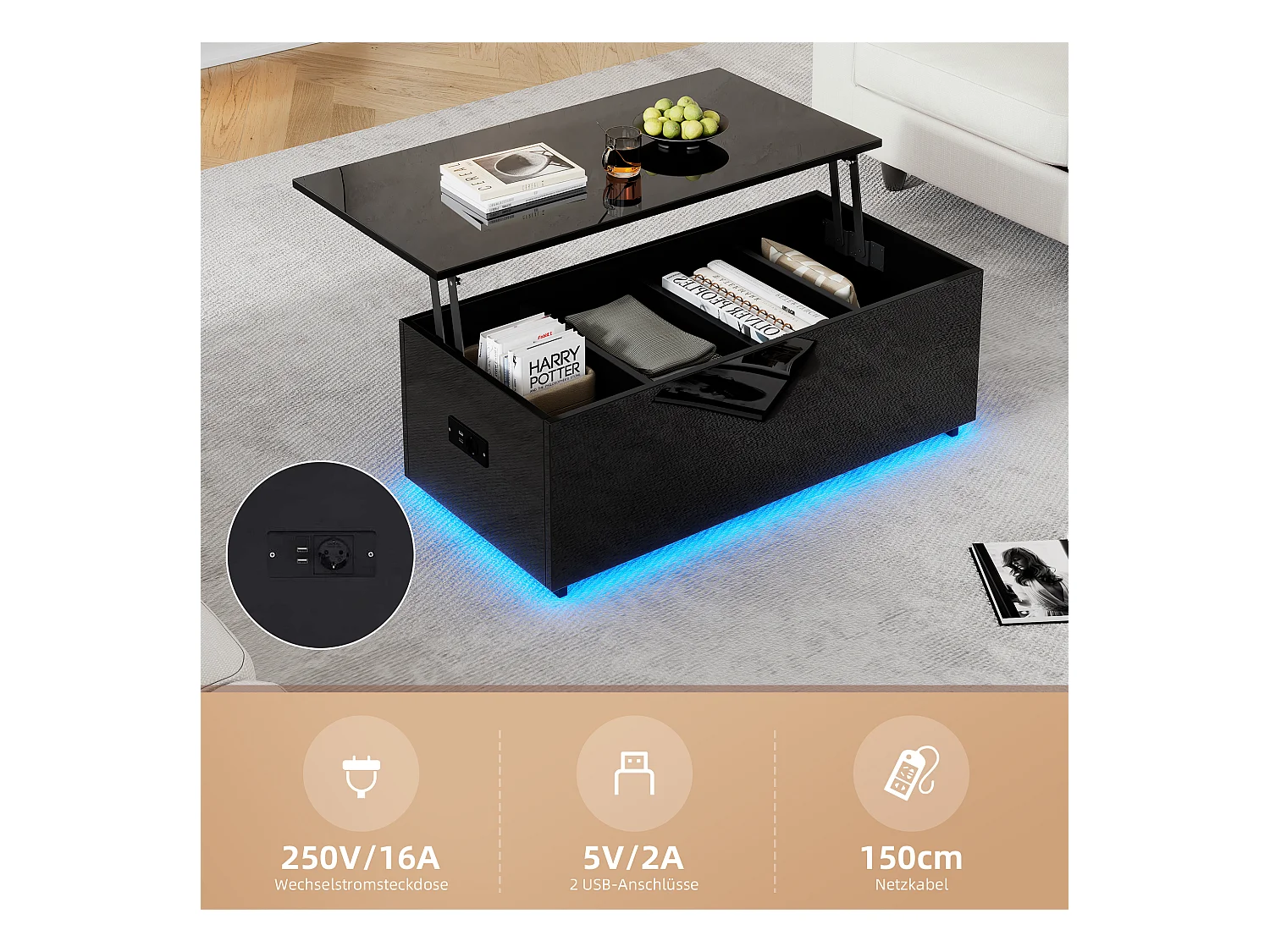 Moderne zwarte hoogglans salontafel met ledverlichting en verborgen opbergruimte