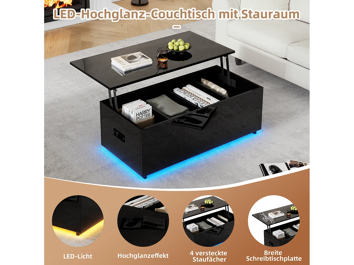 Moderne zwarte hoogglans salontafel met ledverlichting en verborgen opbergruimte