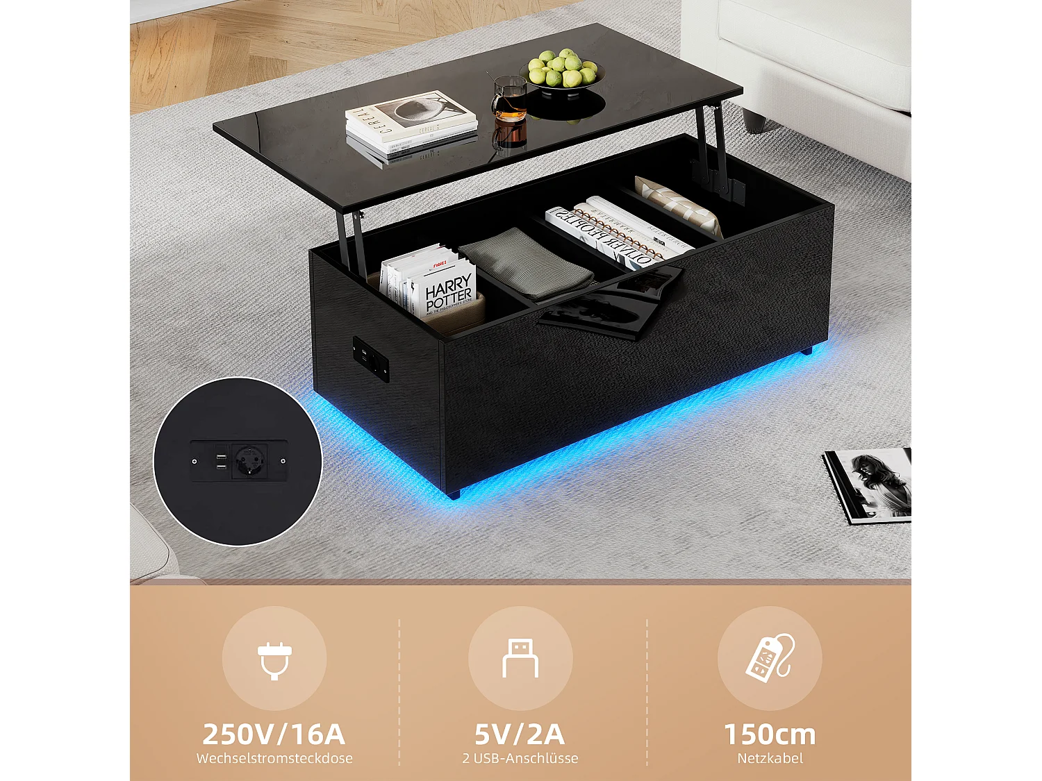 Table basse moderne noire brillante avec éclairage LED et rangement dissimulé