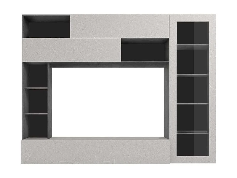 Meuble TV mural avec rangements 1 porte vitrée et étagères aspect pierre grise - PALACIO