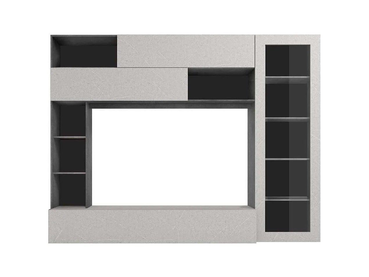 Meuble TV mural avec rangements 1 porte vitrée et étagères aspect pierre grise - PALACIO