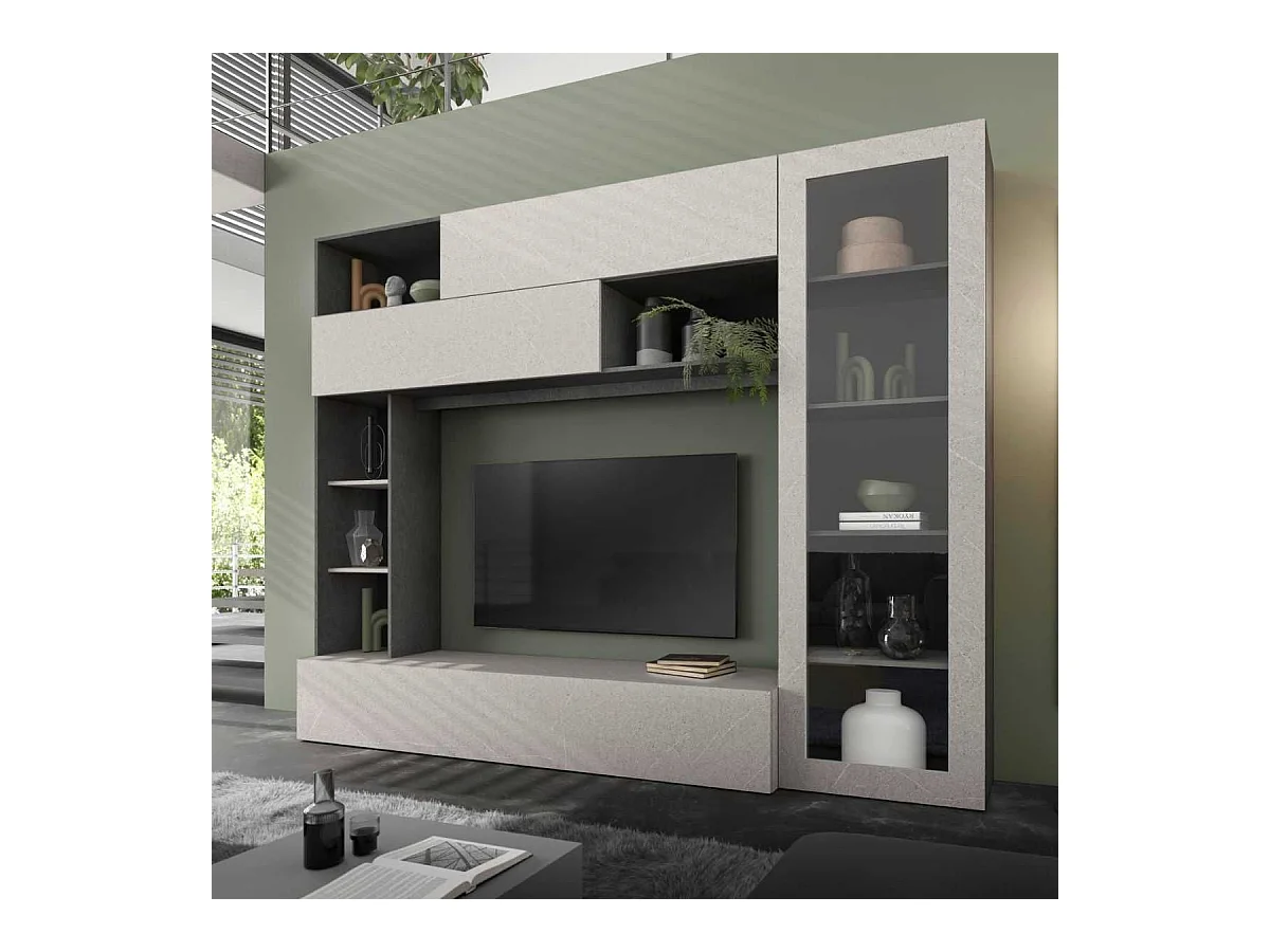 Meuble TV mural avec rangements 1 porte vitrée et étagères aspect pierre grise - PALACIO