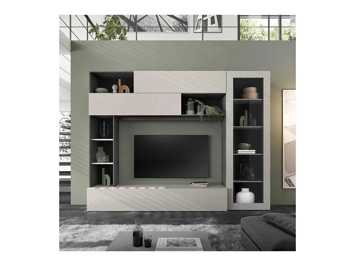 Meuble TV mural avec rangements 1 porte vitrée et étagères aspect pierre grise - PALACIO