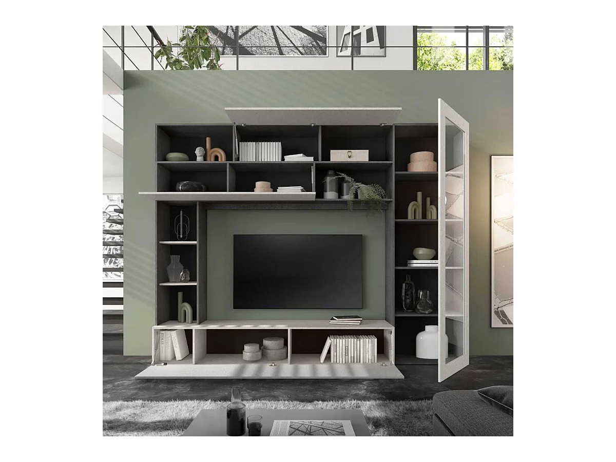 Meuble TV mural avec rangements 1 porte vitrée et étagères aspect pierre grise - PALACIO