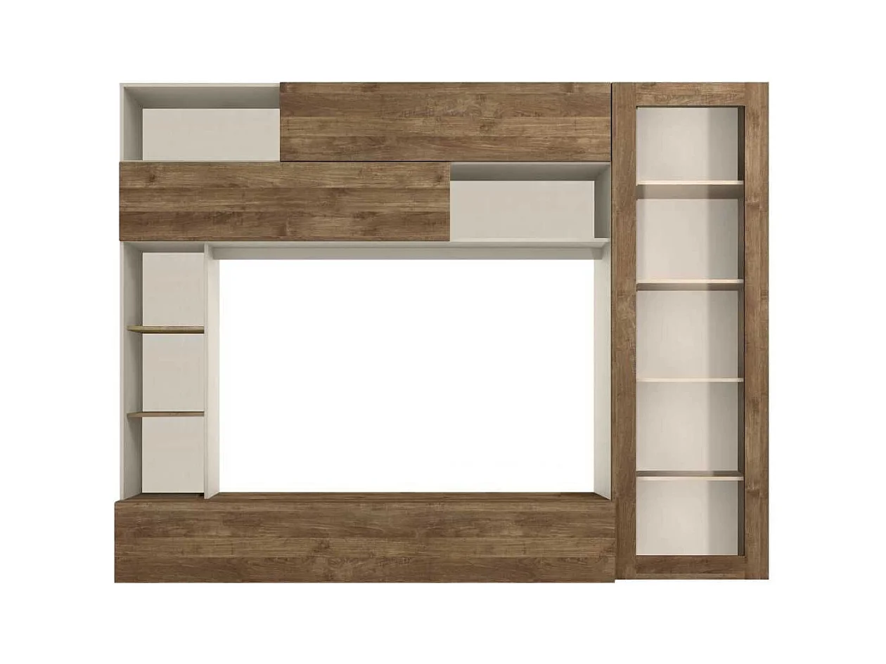 Meuble TV mural avec rangements 1 porte vitrée et étagères beige et aspect bois - PALACIO