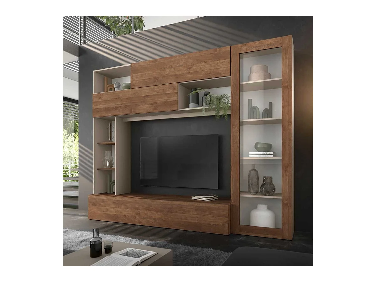 Meuble TV mural avec rangements 1 porte vitrée et étagères beige et aspect bois - PALACIO