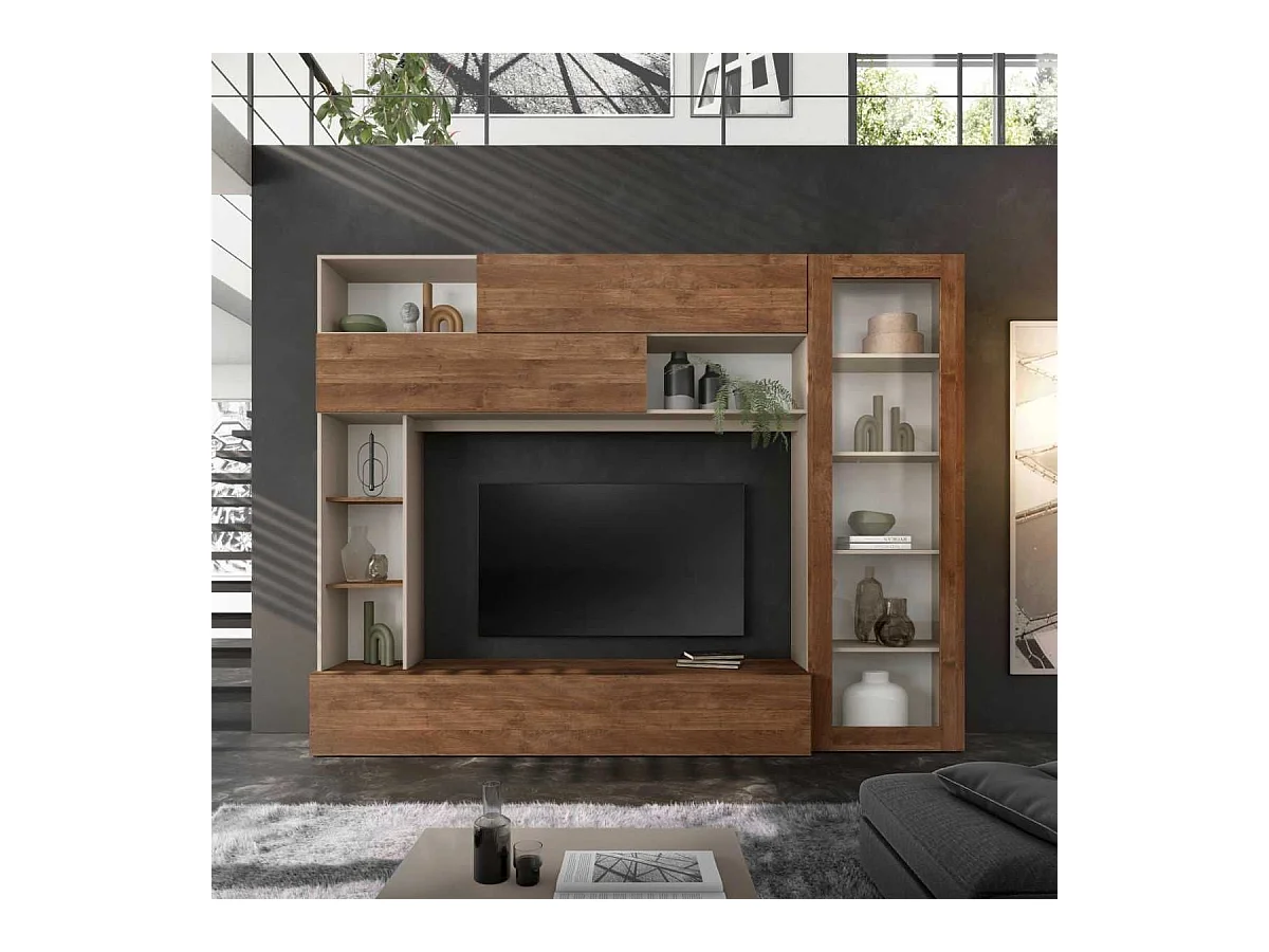 Meuble TV mural avec rangements 1 porte vitrée et étagères beige et aspect bois - PALACIO