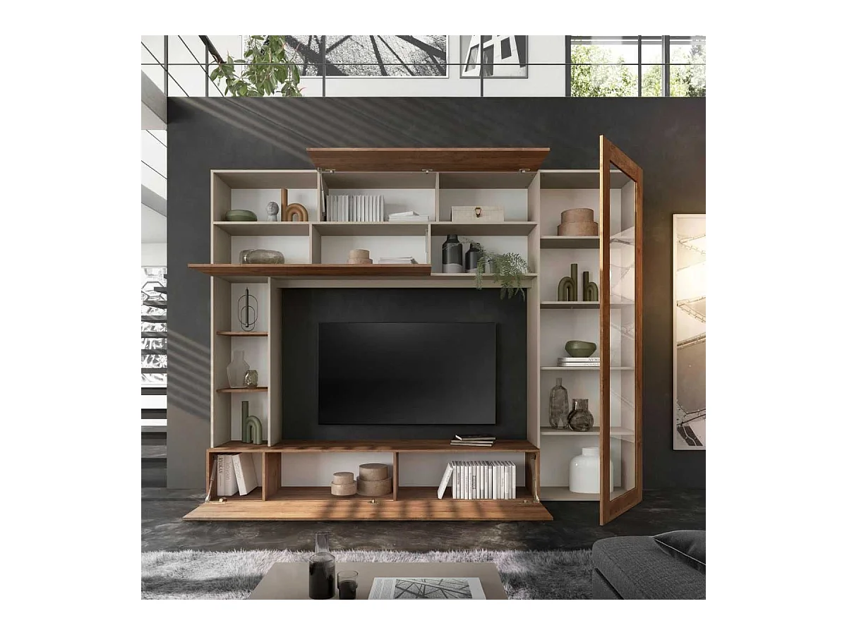 Meuble TV mural avec rangements 1 porte vitrée et étagères beige et aspect bois - PALACIO