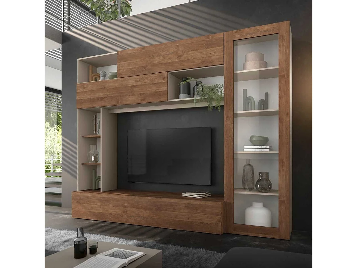 Meuble TV mural avec rangements 1 porte vitrée et étagères beige et aspect bois - PALACIO