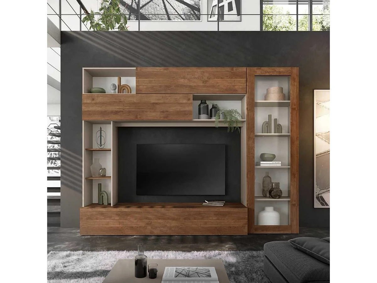 Meuble TV mural avec rangements 1 porte vitrée et étagères beige et aspect bois - PALACIO