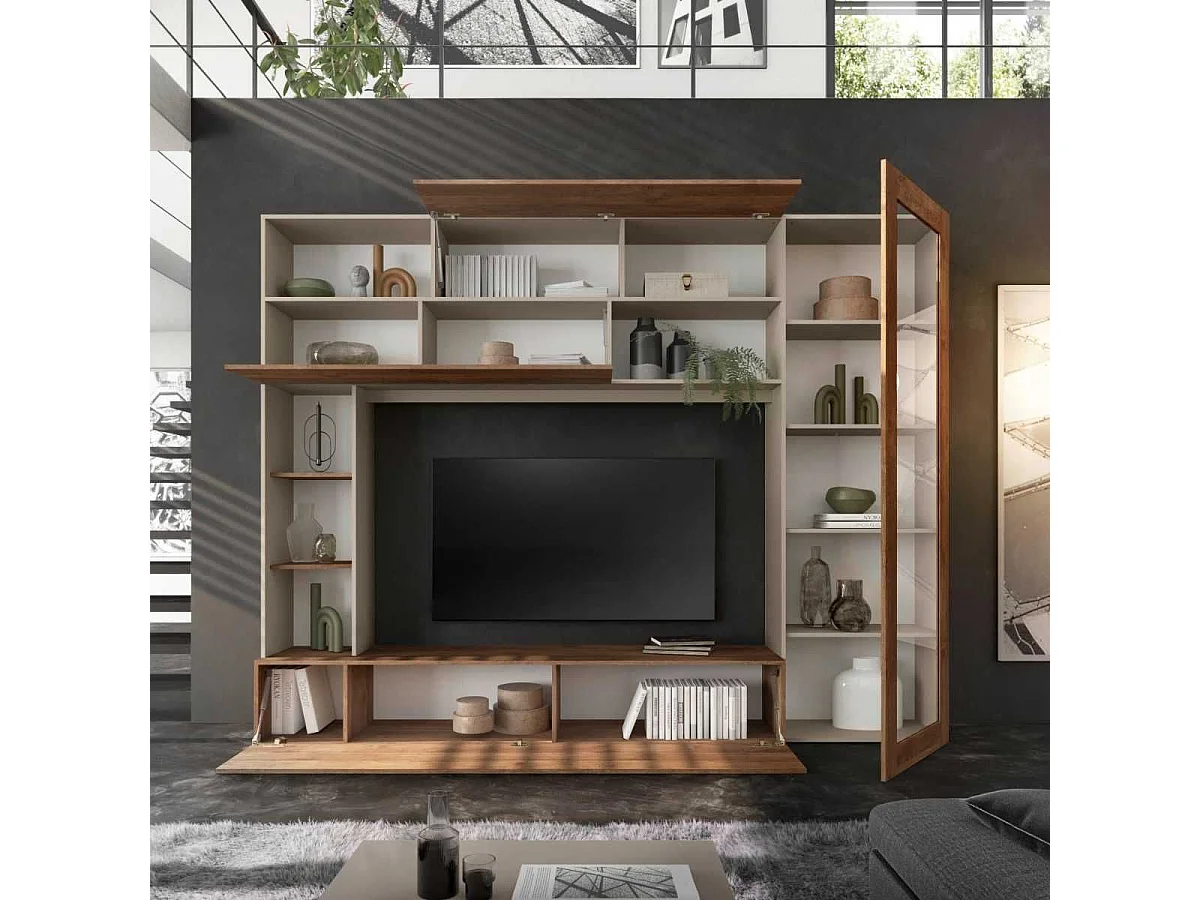Meuble TV mural avec rangements 1 porte vitrée et étagères beige et aspect bois - PALACIO