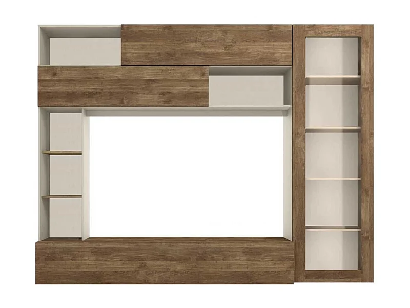 Meuble TV mural avec rangements 1 porte vitrée et étagères beige et aspect bois - PALACIO