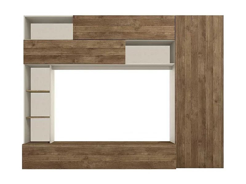 Meuble TV mural avec rangements et étagères beige et aspect bois - PALACIO