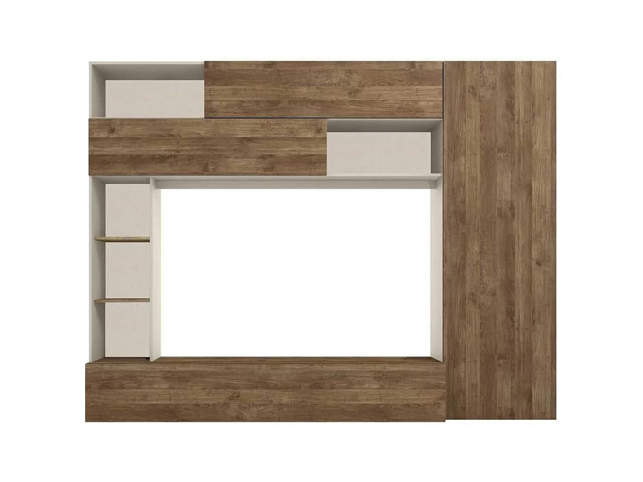 Meuble TV mural avec rangements et étagères beige et aspect bois - PALACIO