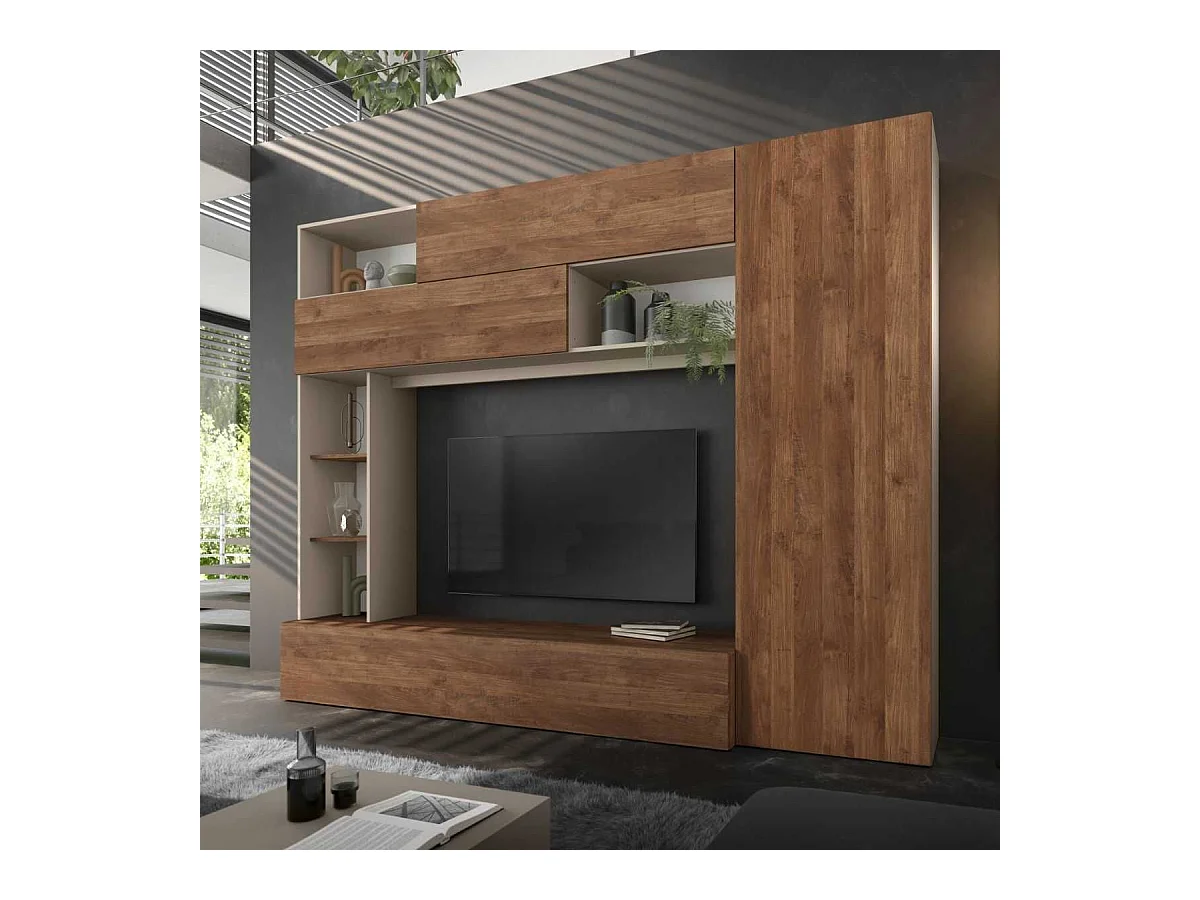 Meuble TV mural avec rangements et étagères beige et aspect bois - PALACIO