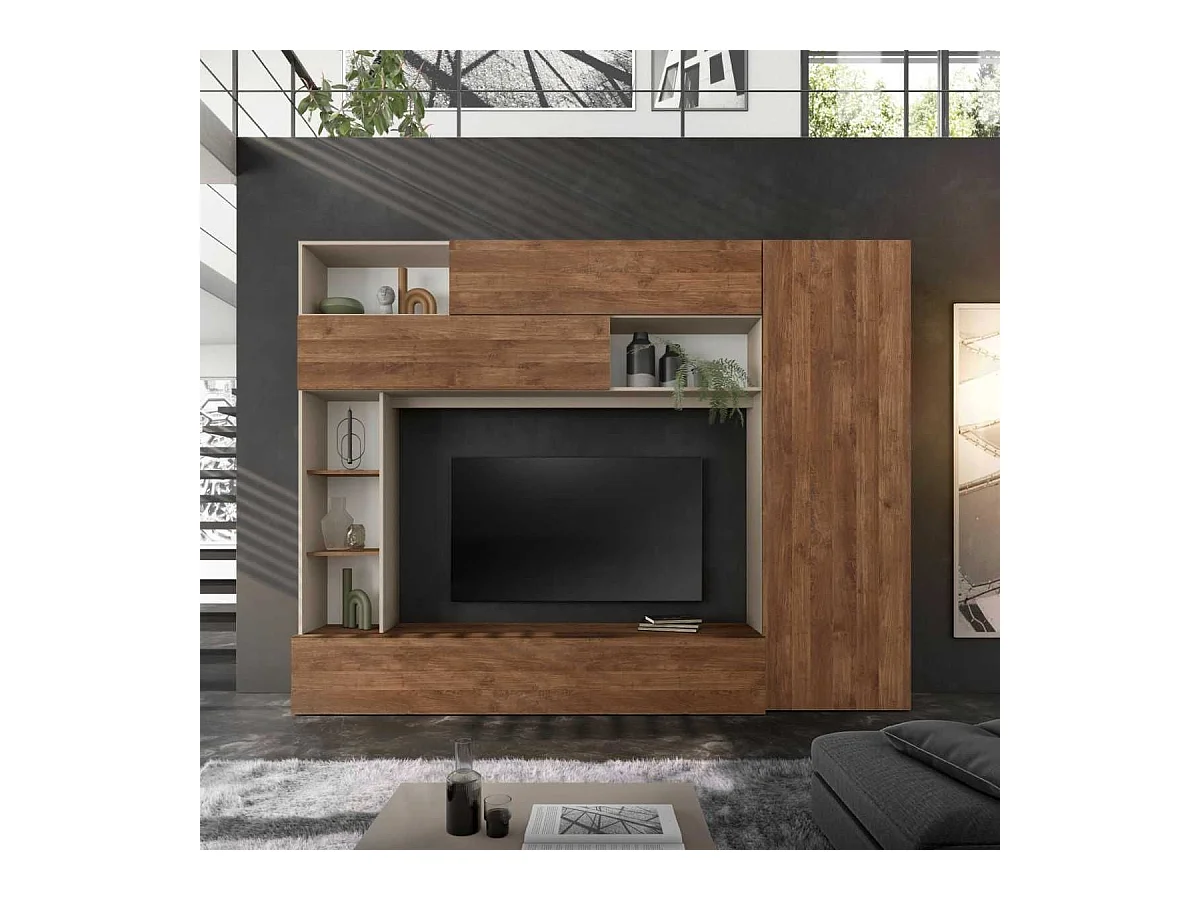 Meuble TV mural avec rangements et étagères beige et aspect bois - PALACIO
