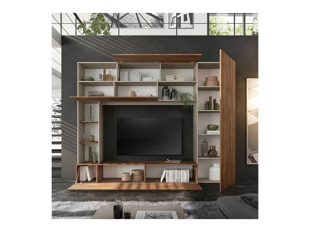 Meuble TV mural avec rangements et étagères beige et aspect bois - PALACIO