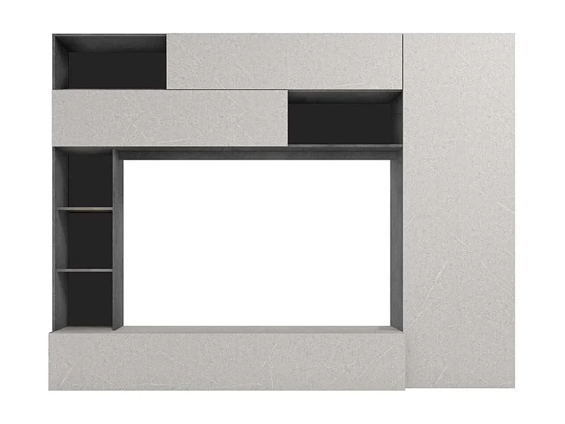 Meuble TV mural avec rangements et étagères aspect pierre grise - PALACIO