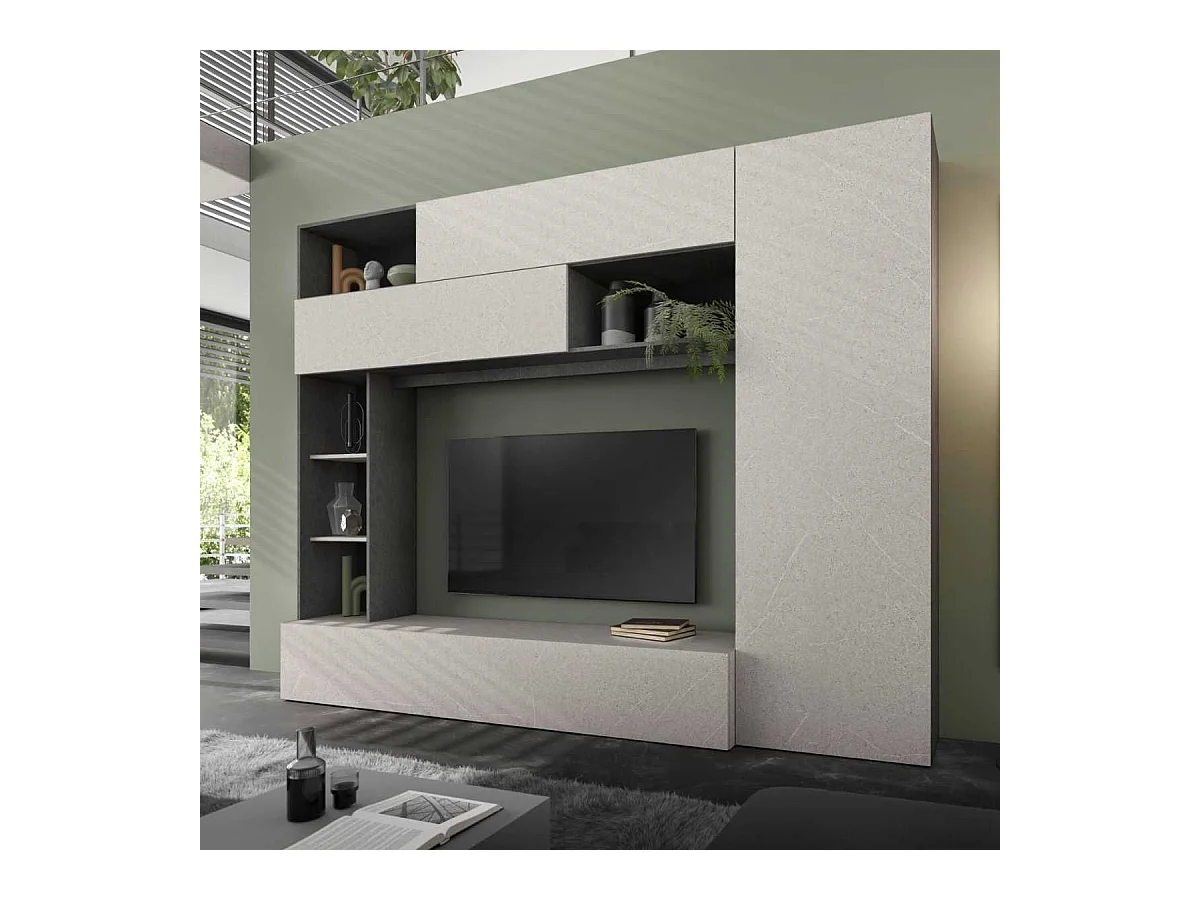 Meuble TV mural avec rangements et étagères aspect pierre grise - PALACIO