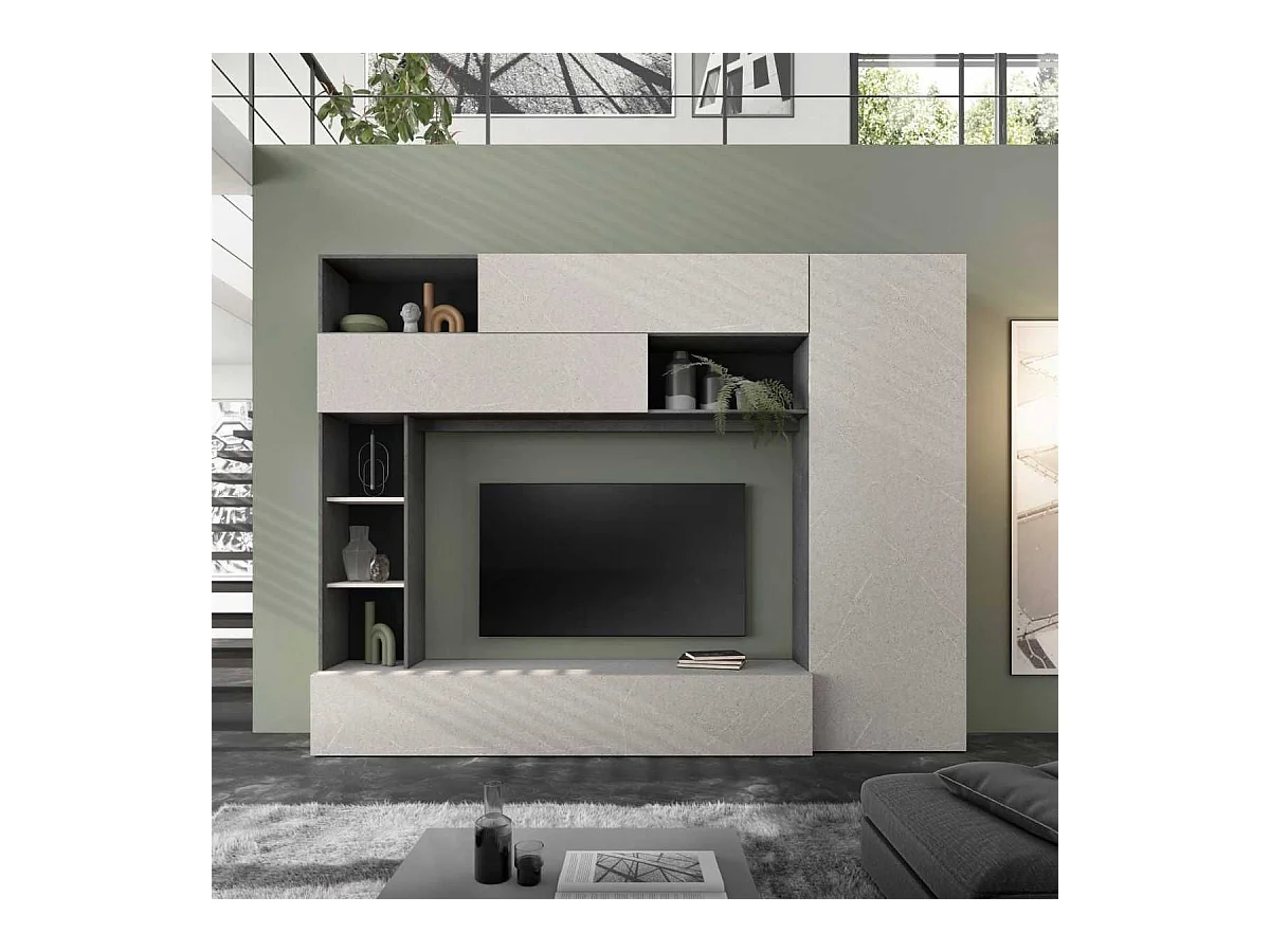 Meuble TV mural avec rangements et étagères aspect pierre grise - PALACIO