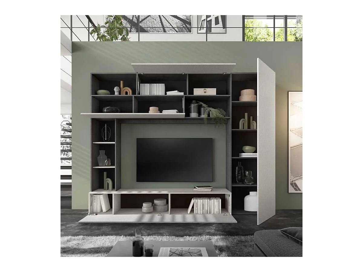 Meuble TV mural avec rangements et étagères aspect pierre grise - PALACIO