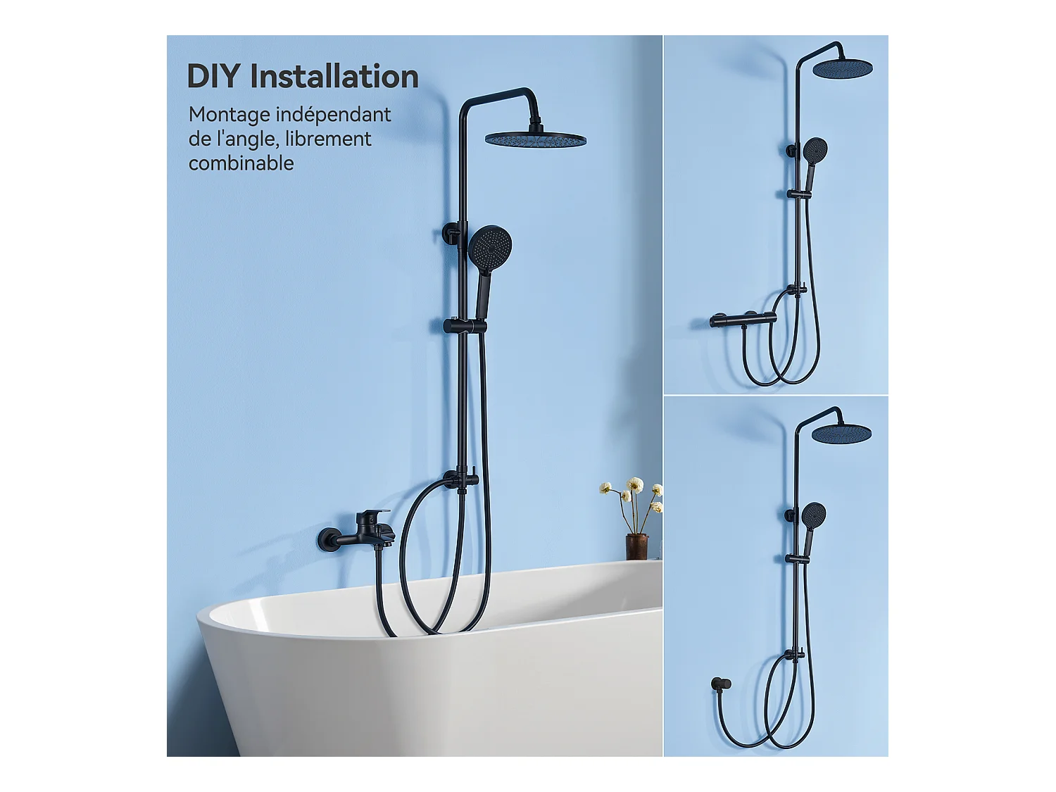 Colonne de Douche sans Robinetterie Réglable Colonne Douche pour Baignoire Ensemble Douche acve Douchette Douche Pommeau de Douche, Noir