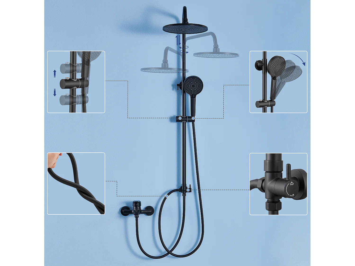 Colonne de Douche sans Robinetterie Réglable Colonne Douche pour Baignoire Ensemble Douche acve Douchette Douche Pommeau de Douche, Noir