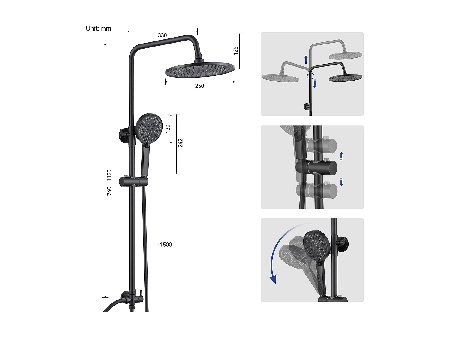 Colonne de Douche sans Robinetterie Réglable Colonne Douche pour Baignoire Ensemble Douche acve Douchette Douche Pommeau de Douche, Noir