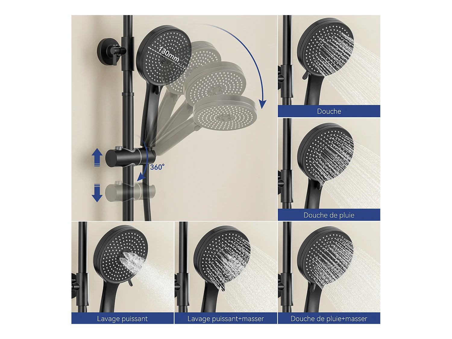 Colonne de Douche sans Robinetterie Réglable Colonne Douche pour Baignoire Ensemble Douche acve Douchette Douche Pommeau de Douche, Noir