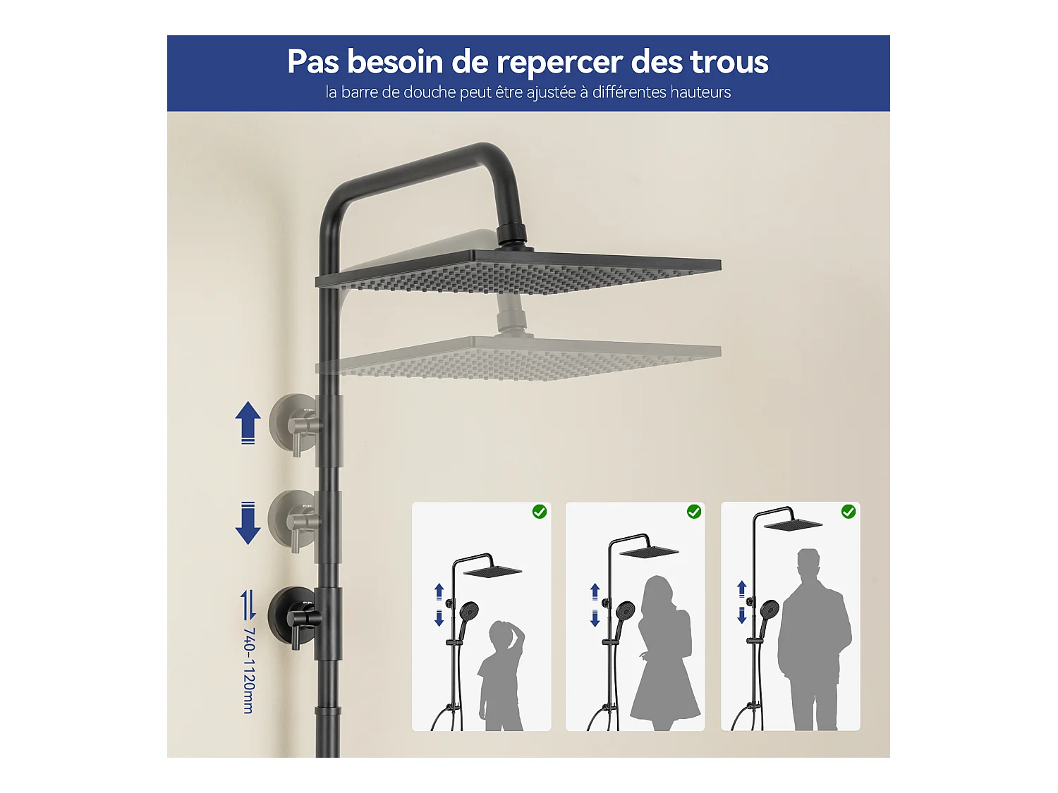 Colonne de Douche sans Robinetterie Réglable Colonne Douche pour Baignoire Ensemble Douche acve Douchette Douche Pommeau de Douche, Noir