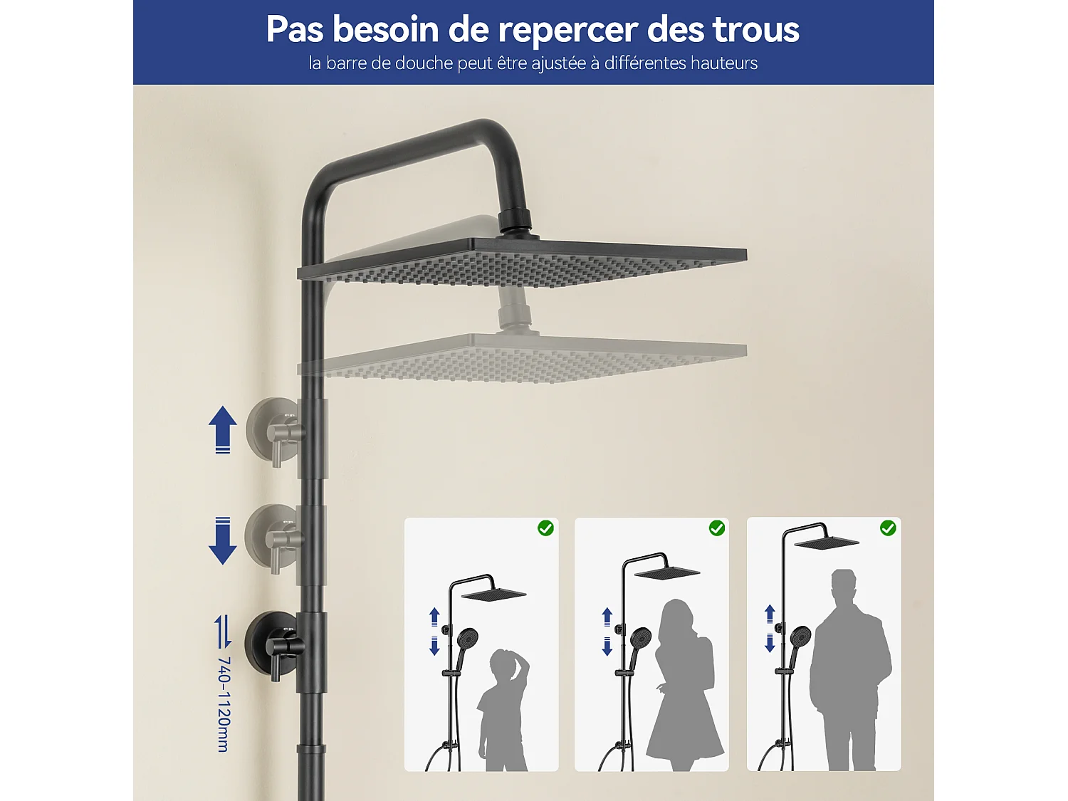 Colonne de Douche sans Robinetterie Réglable Colonne Douche pour Baignoire Ensemble Douche acve Douchette Douche Pommeau de Douche, Noir