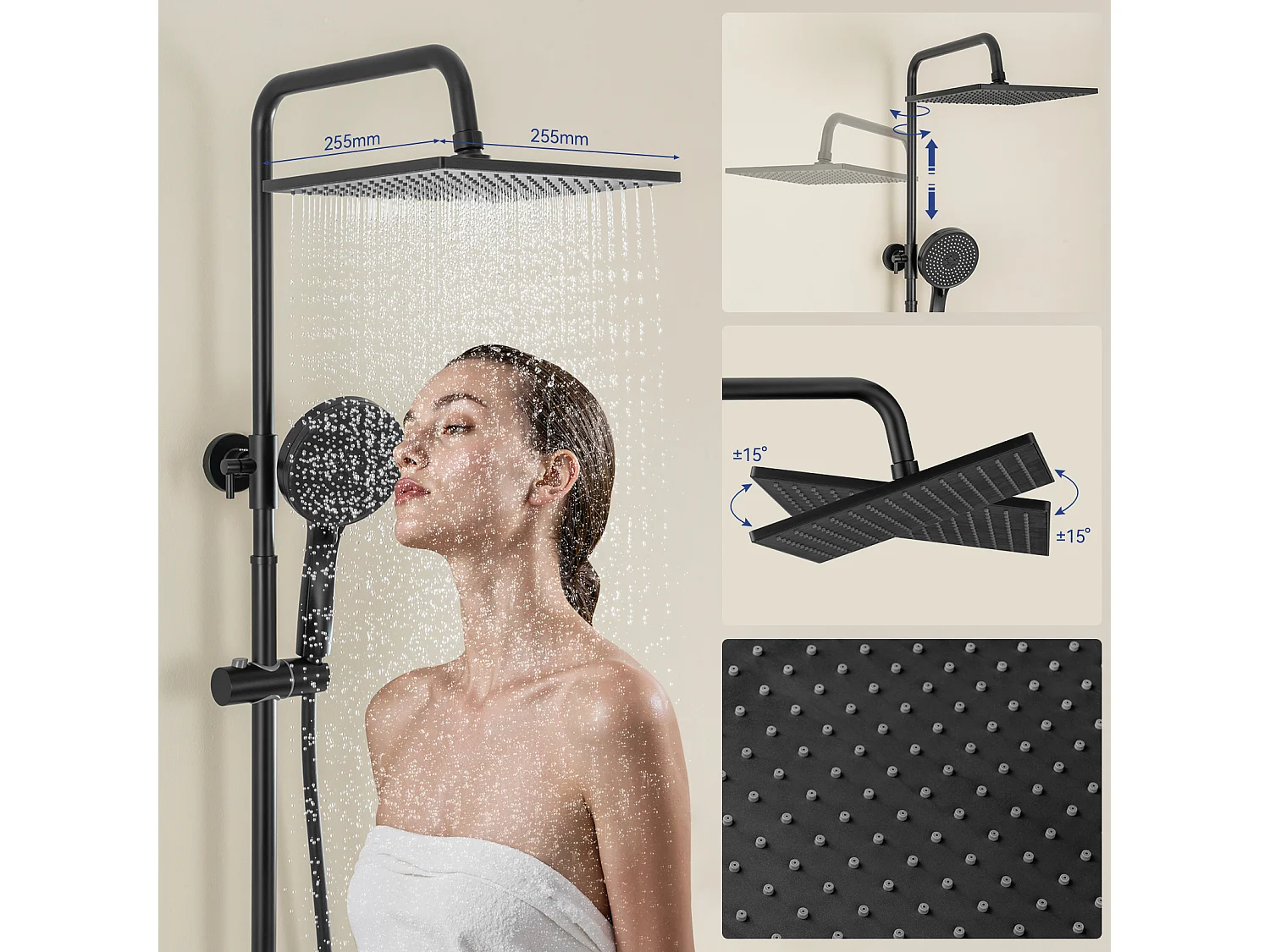 Colonne de Douche sans Robinetterie Réglable Colonne Douche pour Baignoire Ensemble Douche acve Douchette Douche Pommeau de Douche, Noir