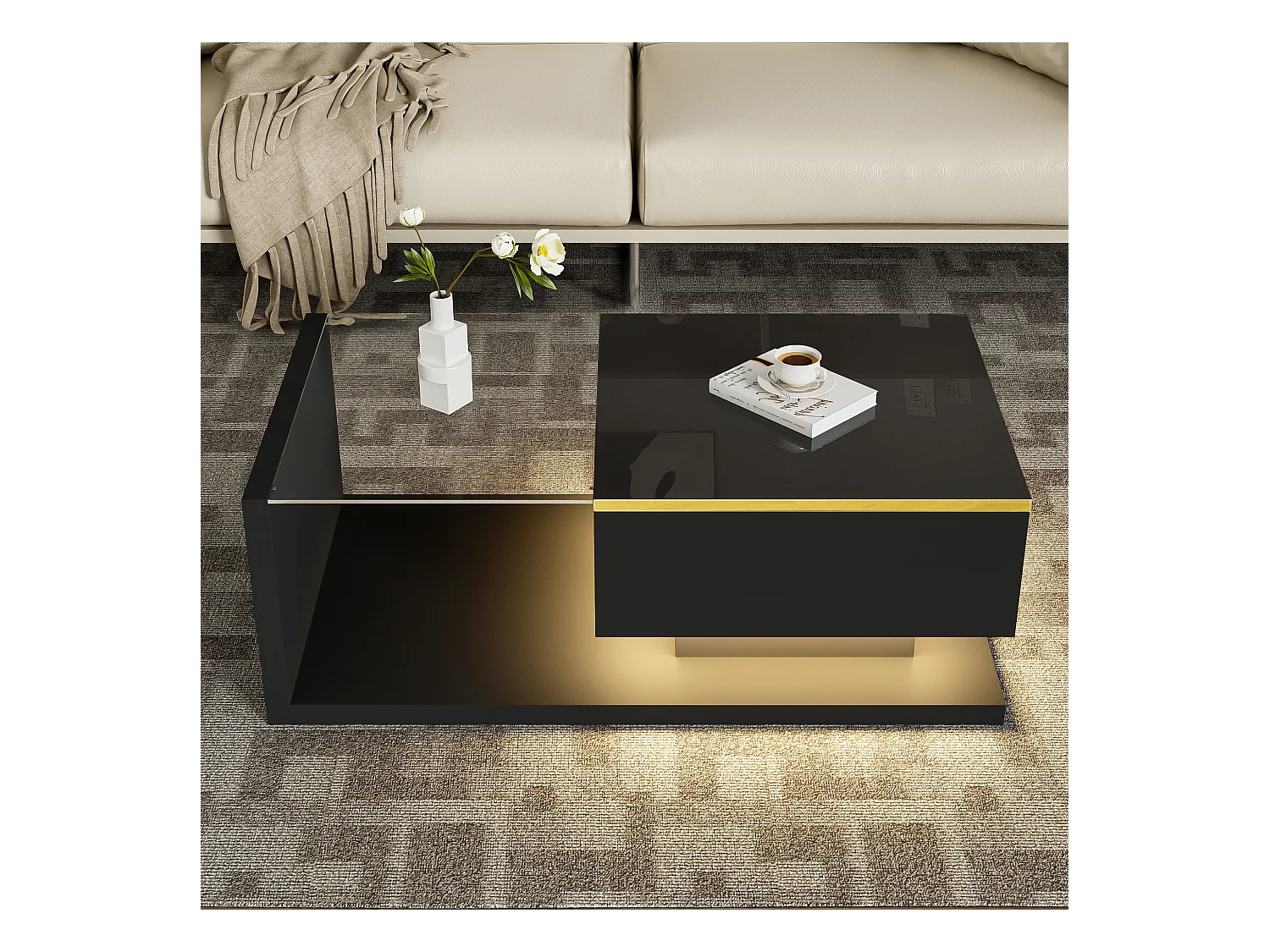 Mesa de centro moderna em vidro com iluminação LED - painéis de partículas - preto