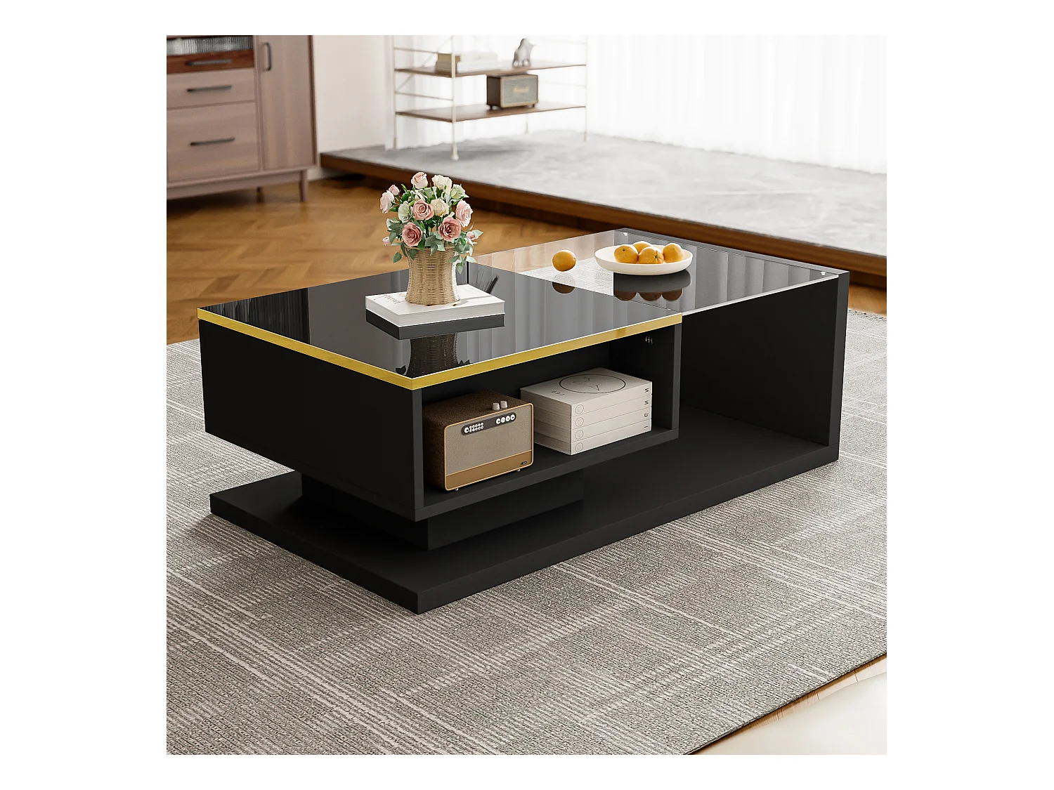 Mesa de centro moderna em vidro com iluminação LED - painéis de partículas - preto