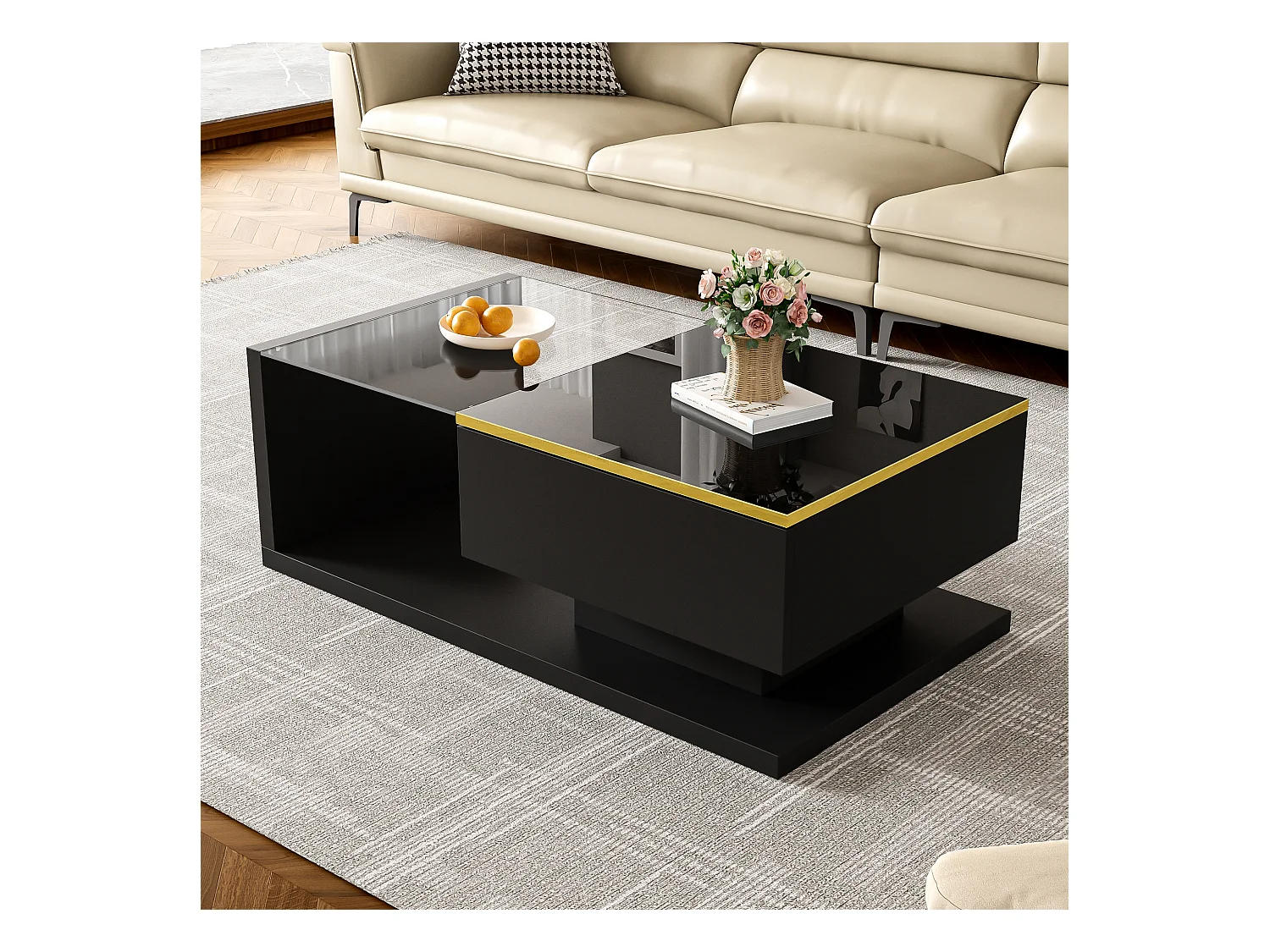 Mesa de centro moderna em vidro com iluminação LED - painéis de partículas - preto