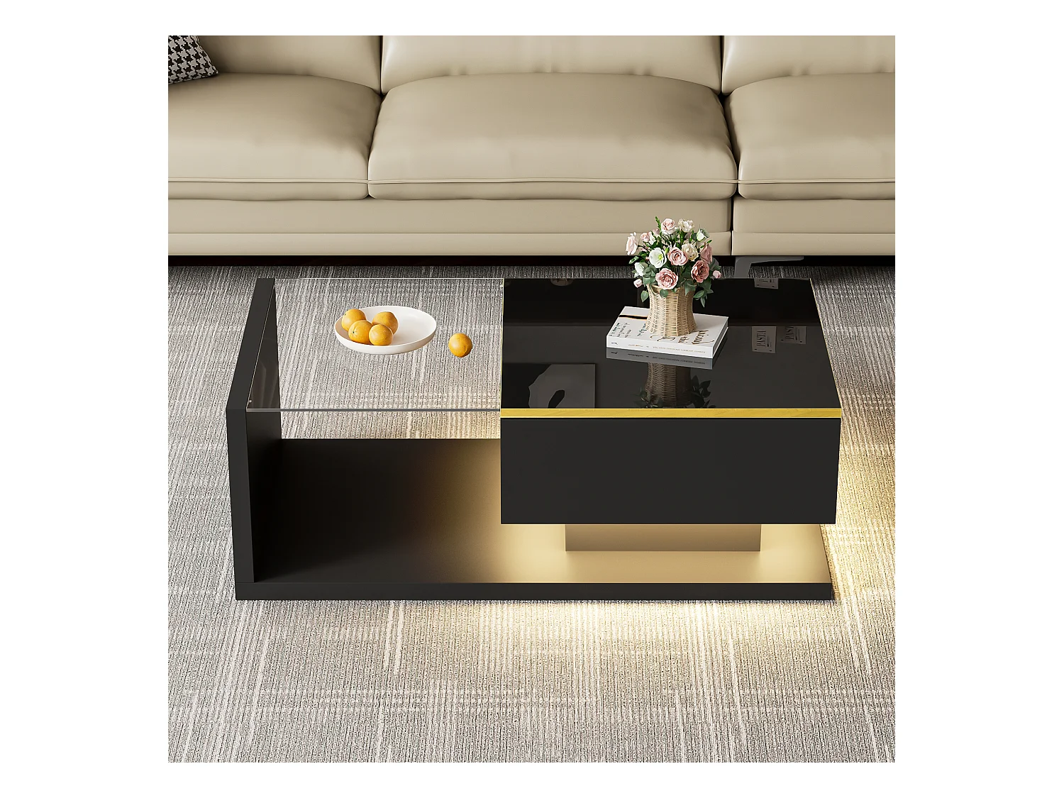 Mesa de centro moderna em vidro com iluminação LED - painéis de partículas - preto