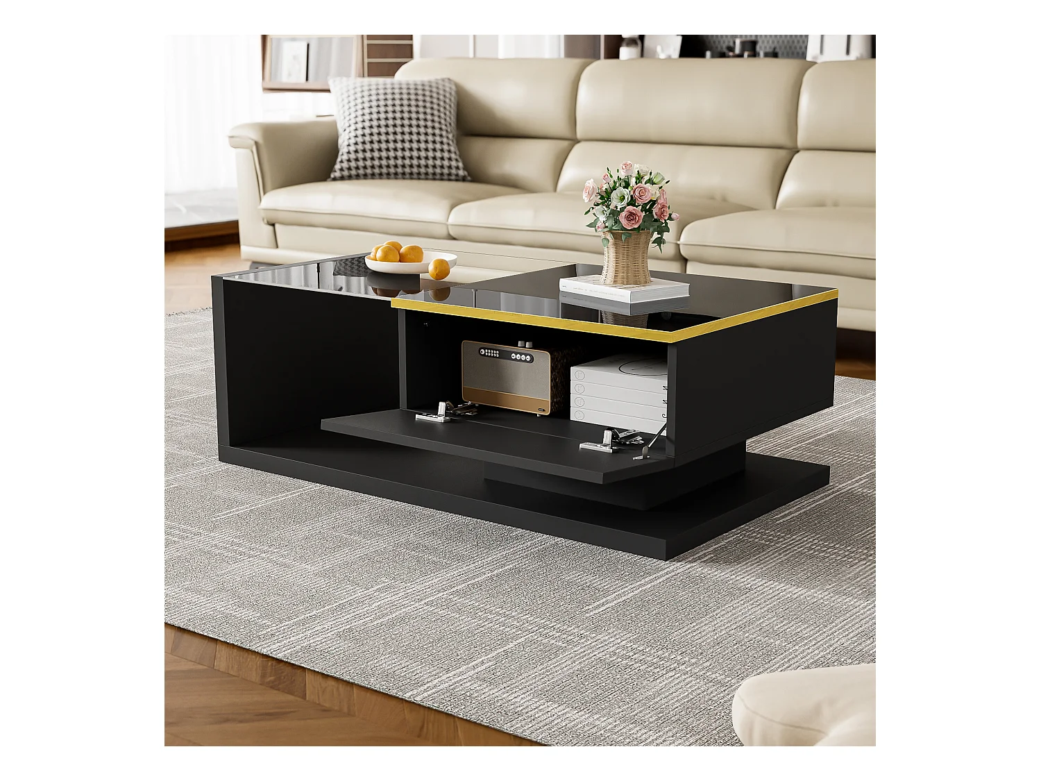 Mesa de centro moderna em vidro com iluminação LED - painéis de partículas - preto