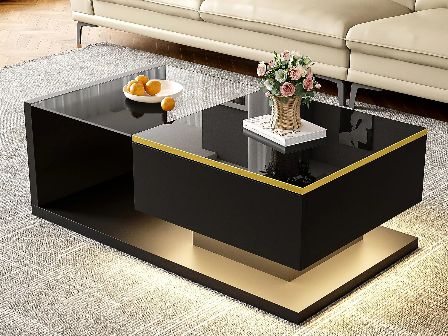 Tavolino moderno in vetro con illuminazione LED - pannelli di particelle - nero