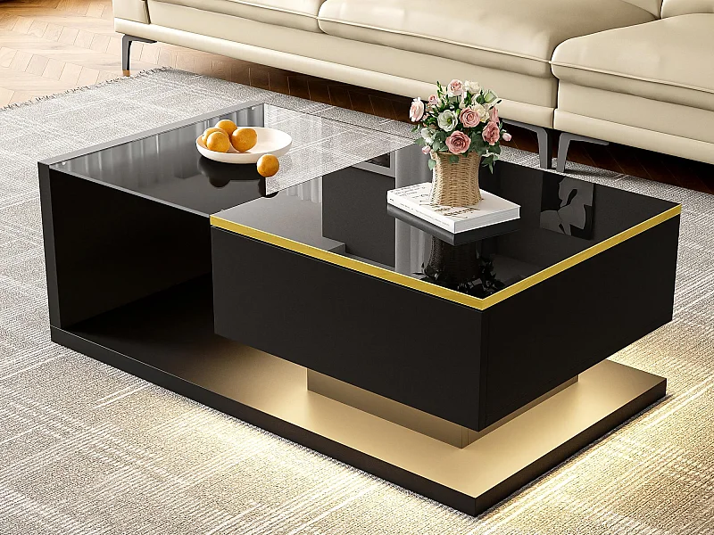 Moderner Couchtisch aus Glas mit LED-Beleuchtung – Spanplatten – schwarz