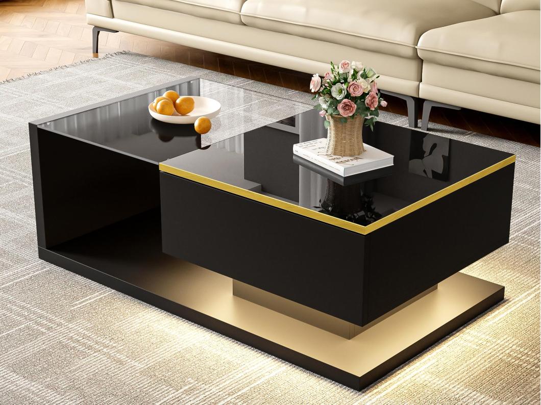 Moderne salontafel van glas met LED-verlichting - spaanplaat - zwart