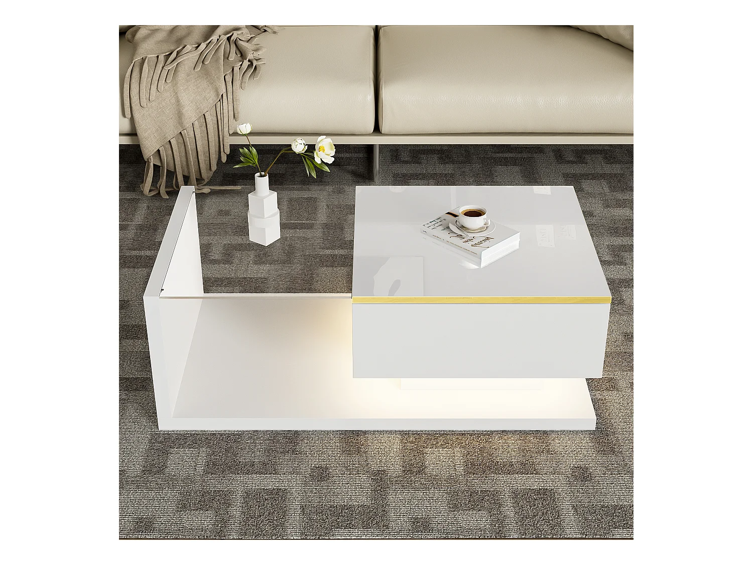 Mesa de centro moderna em vidro com iluminação LED - painéis de partículas - branco