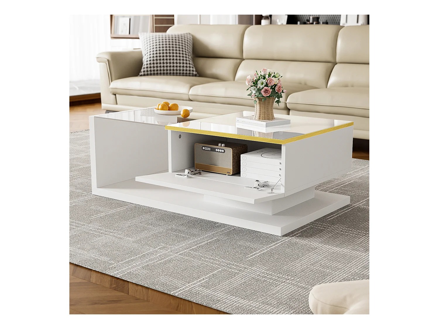 Mesa de centro moderna em vidro com iluminação LED - painéis de partículas - branco