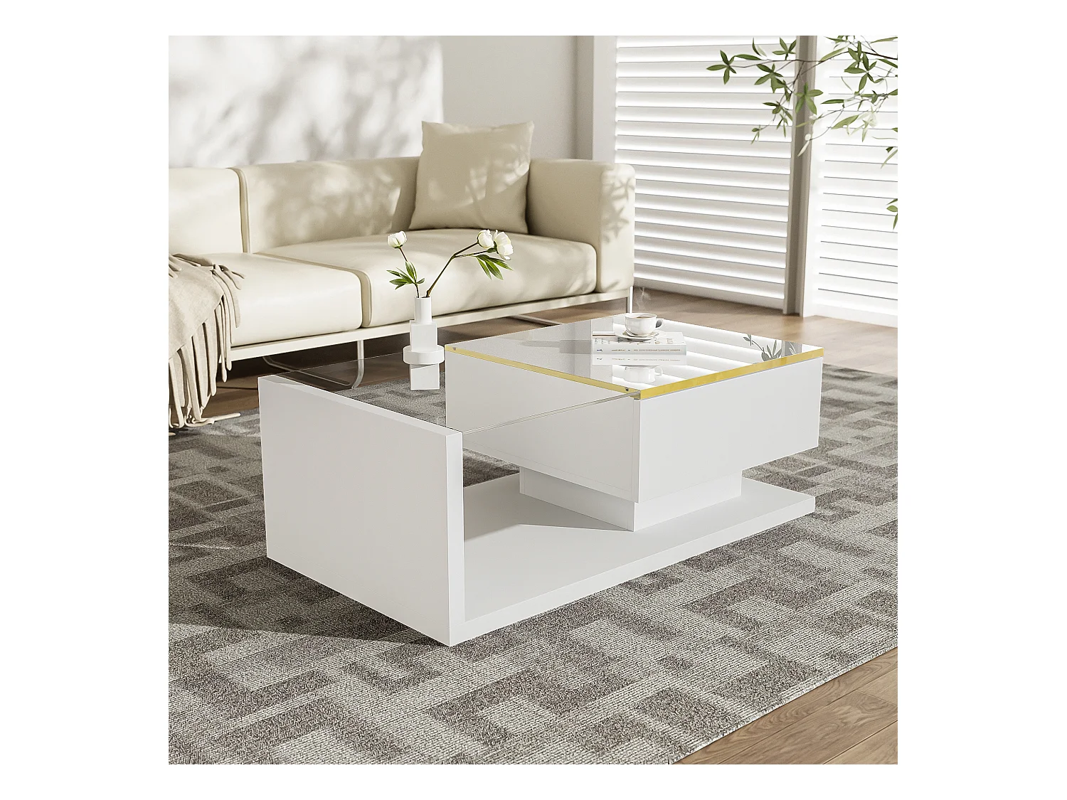 Mesa de centro moderna em vidro com iluminação LED - painéis de partículas - branco